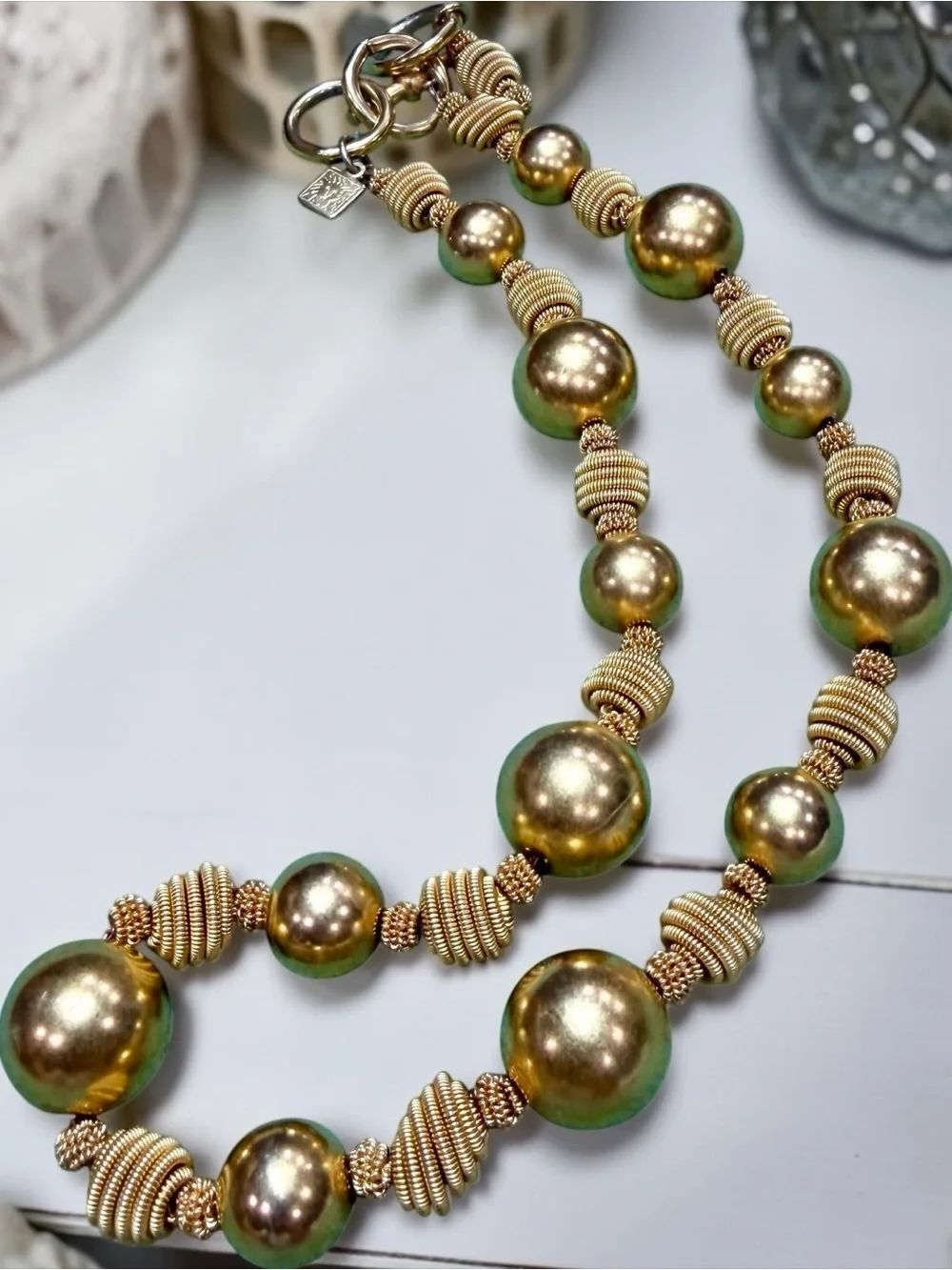 SignedβAnne Klein Vintage Gold Tone Textured Coil Spacers Bead Station Necklace